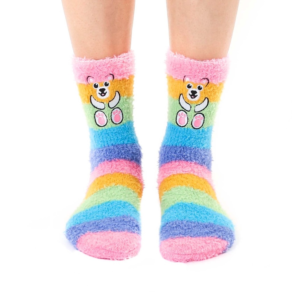 Fuzzy Crew Socks - Teddy Bears - Rainbow Stripes